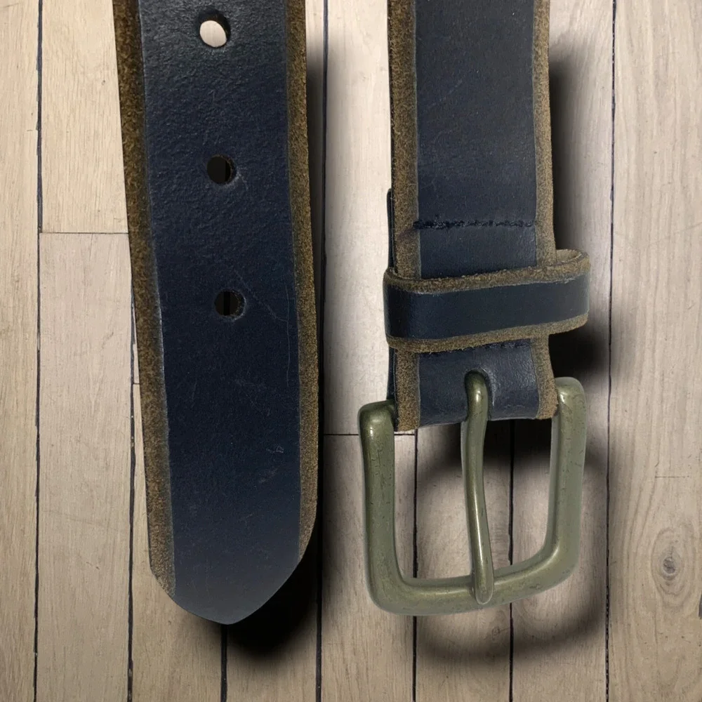 Vintage Y2K Phys.Sci. Men's Sz 44 Black Leather Raw Edge Belt Brass Hardware